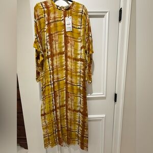 Zara Yellow and Brown Patterned Long Sleeve Dress